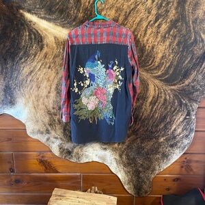 Plaid Button Down Shirt w/ peacock embroidery